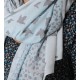 Wide bird print shawl scarf in beige and light blue