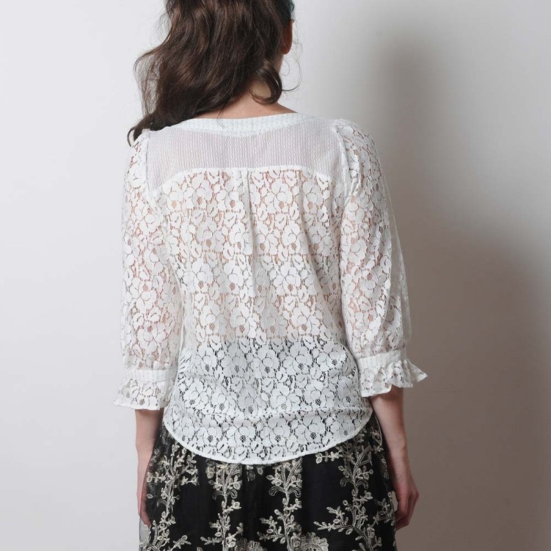 White lace women's shirt with ruffled sleeves, Handmade in France