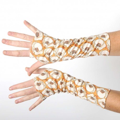 Long fingerless gloves in vintage beige and orange floral jersey