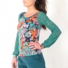 Aqua green top with colorful print and long puffy mesh sleeves