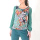 Aqua green top with colorful print and long puffy mesh sleeves