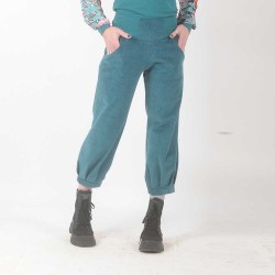 Pantalon créateur fabrication française femme fait main en france 4/5 velours côtelé bleu canard, ceinture jersey