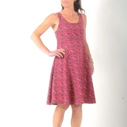 Pink summer floral cotton jersey dress with crossed straps and flared cut