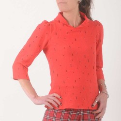 Red and black cotton gauze top with scarf collar